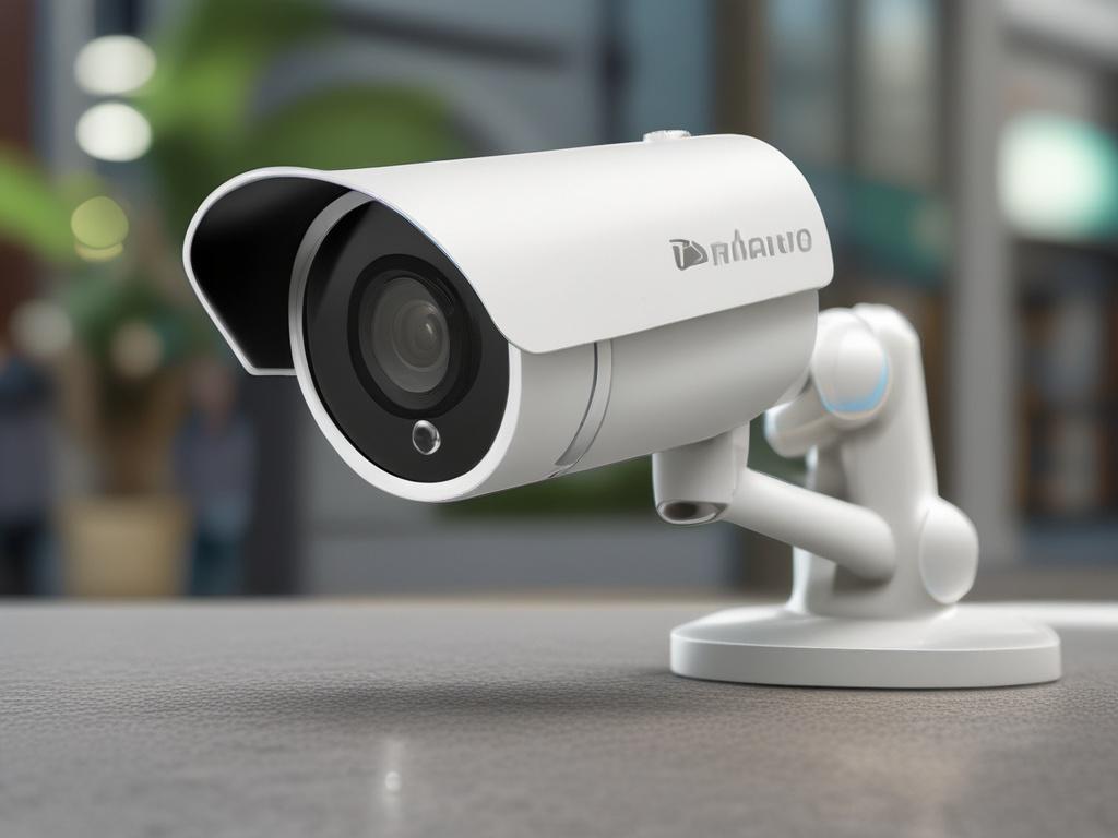 A hyper-realistic close-up shot of the Dahua DH-HAC-HFW1400c-AI security camera. The camera should be prominently displayed in the foreground, showcasing its sleek design and advanced features. The background should be softly blurred to emphasize the product, with a color palette that complements the primary color rgb(2, 86, 197). The lighting should be bright and natural, highlighting the details of the camera.