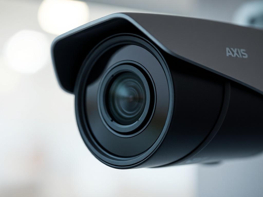 Create a hyper-realistic close-up shot of the Axis Q3517-LVE network camera. The camera should be the only subject in the image, showcasing its sleek design and high-tech features. The background should be softly blurred to emphasize the camera's details. Use a 45mm f/1.2 lens style to achieve a shallow depth of field, and ensure the colors align with the RGB value of (69, 10, 186) to maintain brand consistency.