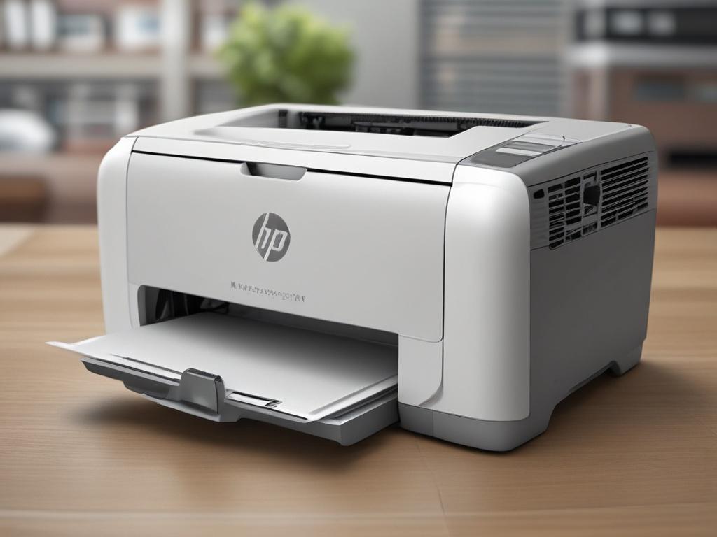 A hyper-realistic close-up shot of the HP LaserJet Pro M15w printer. The printer should be the only subject in the image, showcasing its sleek design and compact size. The background should be neutral to highlight the printer, with soft lighting to enhance the details. The image should be shot with a 45mm f/1.2 lens style, capturing the printer's features with high resolution and clarity. Use the RGB color (50, 170, 39) as an accent in the background.