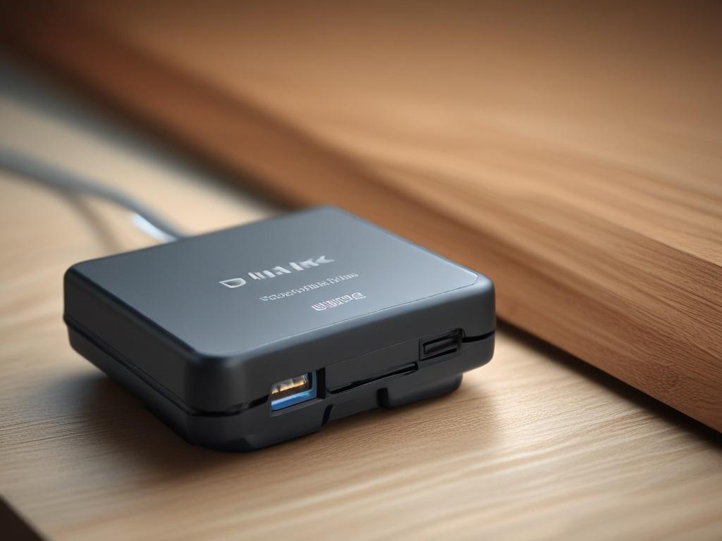 Create a realistic high-resolution photo of the D-Link Switch DGS-1024D. The image should focus on the switch itself as the single subject, capturing its sleek design and port details. Use a 45mm f/1.2 lens style for a close-up shot. The background should be simple and unobtrusive, ensuring the switch stands out. The primary color of the image should reflect the RGB value of (2, 86, 197) to align with the brand's color scheme.