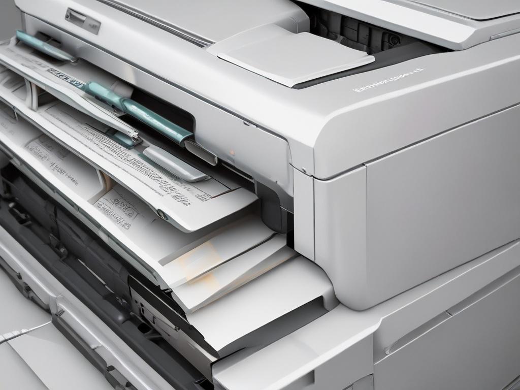A hyper-realistic close-up shot of the HP LaserJet Pro M479dw printer, showcasing its sleek design and multifunction capabilities. The composition should focus solely on the printer, highlighting its touchscreen interface and paper tray. The background should be minimalistic to emphasize the product, with a soft gradient that complements the rgb(2, 86, 197) primary color. The image should be captured with a 45mm f/1.2 lens style to create a striking depth of field.