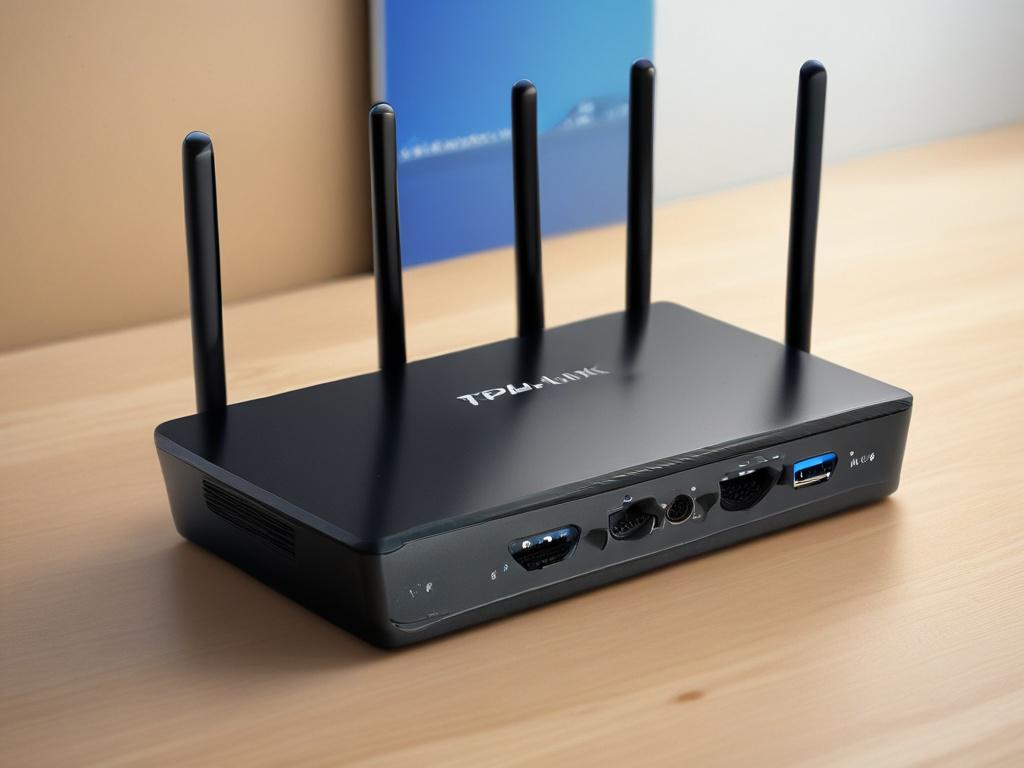 A hyper-realistic close-up shot of the TP-Link Switch Router Hub, showcasing its sleek design and multiple ports. The background should be a simple, blurred gradient that complements the product, emphasizing its modern technology. The image should be shot with a 45mm f/1.2 lens to capture fine details and textures.
