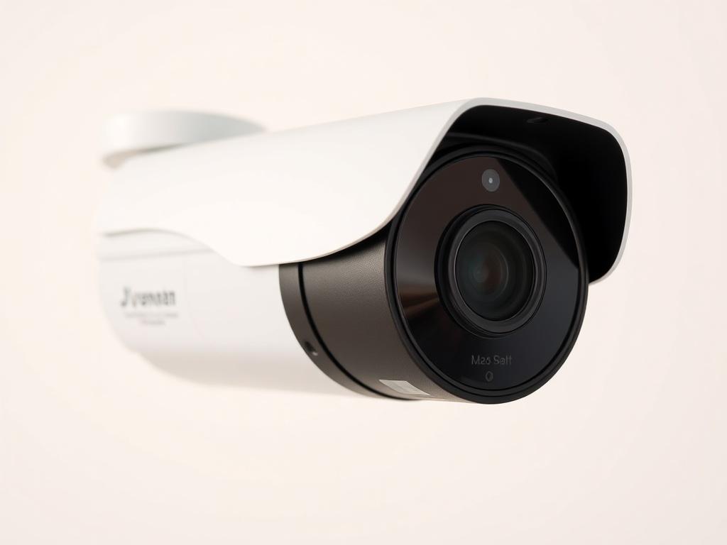 A hyper-realistic close-up shot of the Axis P3223-LVE network camera, showcasing its sleek design and high-quality lens. The camera should be prominently displayed against a clean, neutral background to highlight its features. The shot should be taken with a 45mm f/1.2 lens to create a shallow depth of field, ensuring the camera stands out clearly. The primary color of the image should align with rgb(69, 10, 186), enhancing the visual appeal.