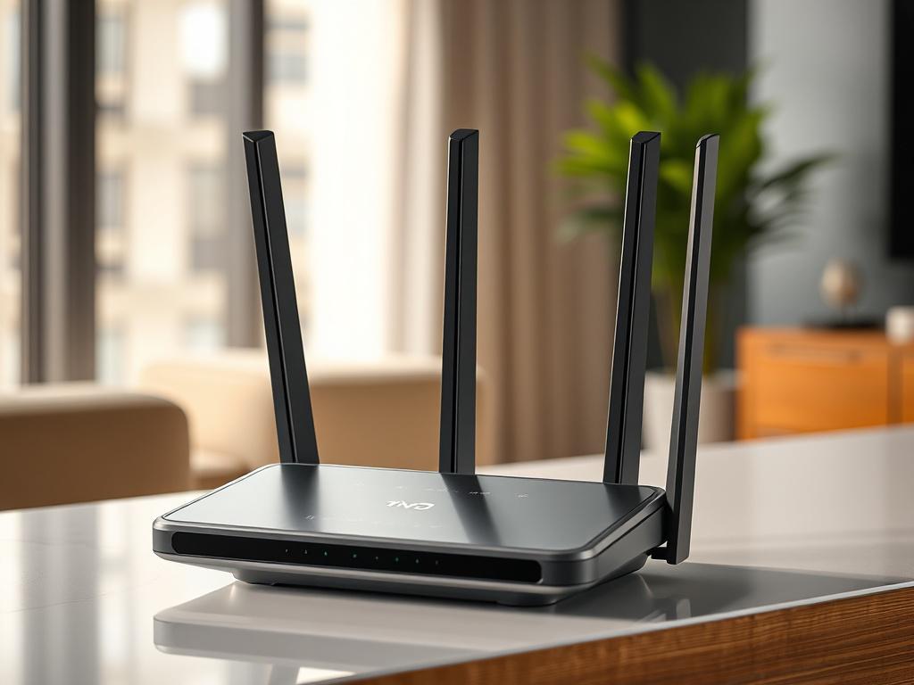 A hyper-realistic close-up shot of the TP-Link DSL Modem Router TD-W9960, showcasing its sleek design and advanced features. The router should be placed on a clean, modern surface with a blurred background to emphasize its details. The lighting should highlight the device's contours and finishes, creating an inviting and professional appearance. The image should be rendered in high resolution, compatible with the primary color rgb(50, 170, 39).