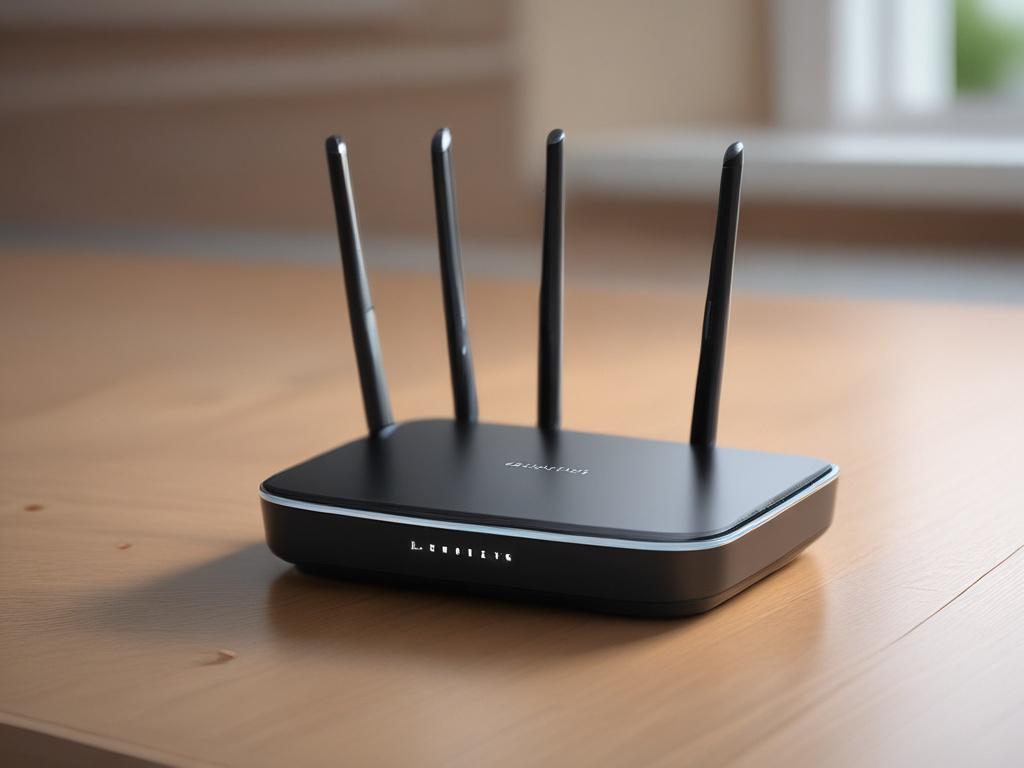 A close-up shot of a D-Link router, showcasing its sleek design and modern features. The router should be positioned prominently in the center of the image, with a clean and simple background that emphasizes its high-tech appearance. The image should be shot with a 45mm f/1.2 lens style to create a shallow depth of field, blurring the background slightly while keeping the router in sharp focus. Use the RGB color code rgb(2, 86, 197) subtly in the background to highlight the product.