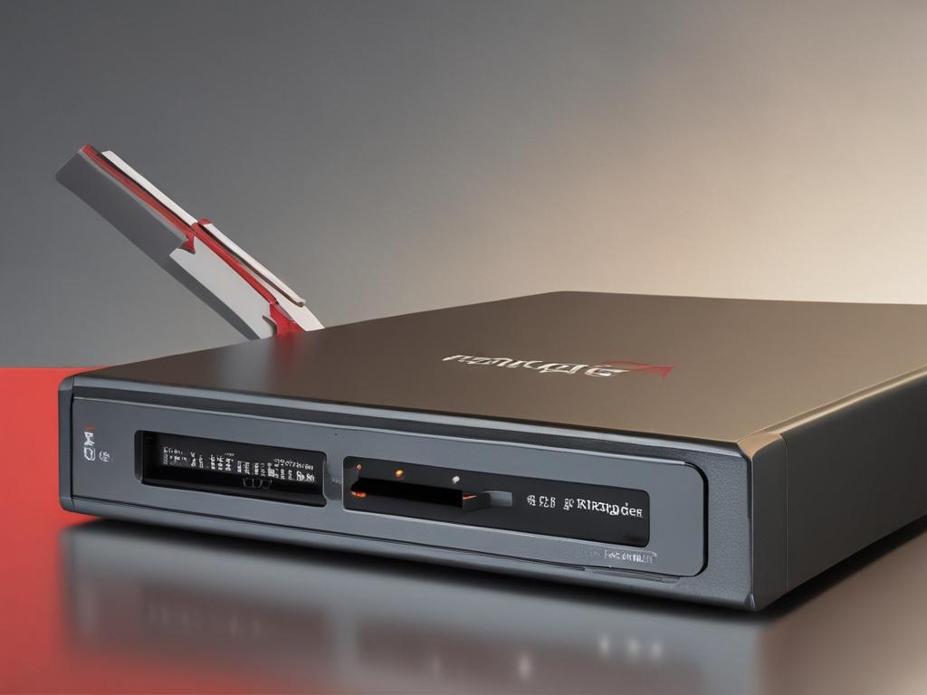 A realistic high-resolution close-up image of a FortiGate Firewall device, showcasing its sleek design and technology features. The background should be minimalistic, emphasizing the device itself, with a color palette that complements the RGB(2, 86, 197) primary color.