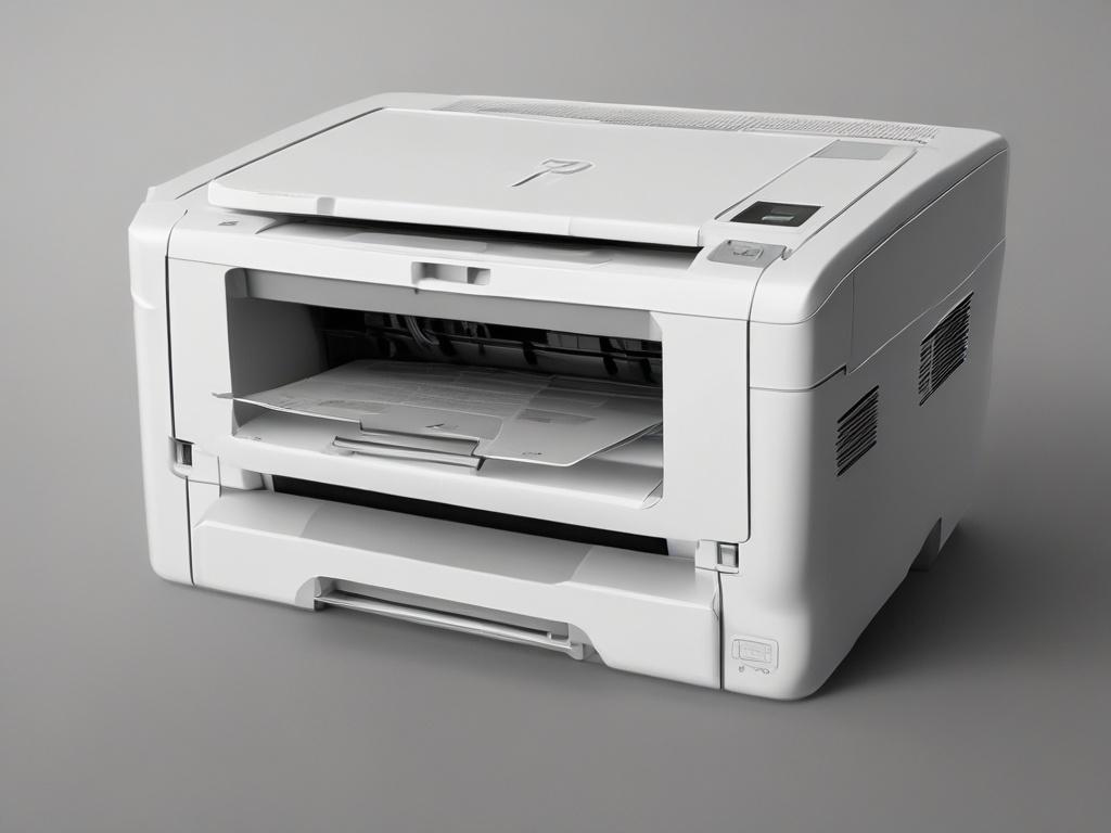 Create a realistic high-resolution image of the HP LaserJet MFP 135a printer. The composition should feature a close-up shot of the printer, highlighting its sleek design and modern features. The background should be simple and uncluttered, allowing the product to stand out. The image should be rendered in hyper-realistic style, shot with a 45mm f/1.2 lens to create a shallow depth of field, focusing on the printer while softly blurring the background. Use the primary color rgb(2, 86, 197) to enhance visual