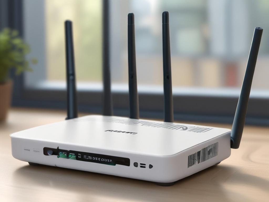 Create a realistic high-resolution close-up image of the TD-W8961N V5.0 wireless router. The subject should be the router, showcasing its sleek design and ports clearly. Use a simple background with soft focus to highlight the product. The image should reflect a modern tech aesthetic, captured with a 45mm f/1.2 lens style, and should incorporate the rgb(2, 86, 197) primary color subtly in the background.
