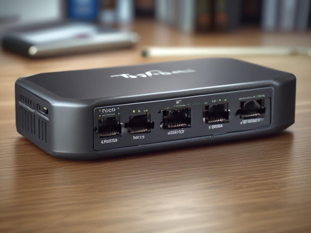 A detailed close-up of the TP-Link TL-SG108 Ethernet switch, showcasing its 8 ports and robust design. The background should be simple to emphasize the product without distractions. The image should be sharp, highlighting the switch's features and textures, with a color scheme that matches the RGB(2, 86, 197) primary color.