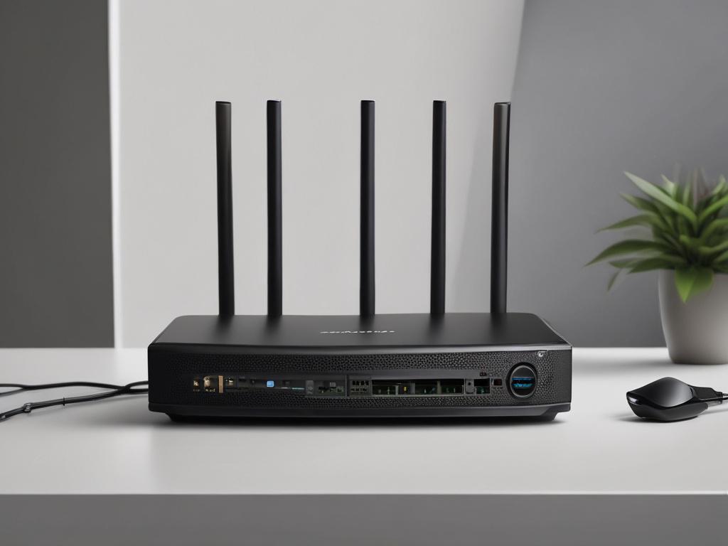 A close-up shot of the TP-Link Archer AX6000 router, showcasing its sleek design and multiple ports. The background should be simple and unobtrusive, emphasizing the router's modern features. Use a soft focus to create depth, while maintaining sharp details of the device. The image should have a clean aesthetic, with a color palette that harmonizes with the RGB(2, 86, 197) primary color.