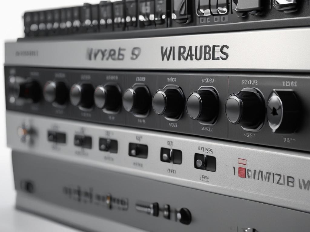 Create a hyper-realistic close-up shot of the DUB-1340 network switch. The image should feature the switch prominently in the center, with a focus on its sleek design and ports. Use a blurred background to emphasize the switch, and ensure the lighting highlights its features. The overall color scheme should align with the rgb(2, 86, 197) primary color, providing a modern and professional aesthetic.