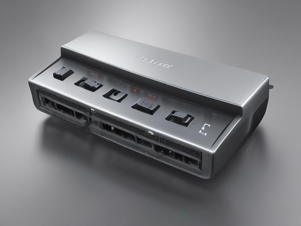 A hyper-realistic close-up shot of the TP-Link Switch TL-SG1024, showcasing its 24 ports and robust metal casing. The image should have a simple and clear composition, focusing solely on the switch. The background should be subtle and complementary, ensuring the product stands out. The lighting should emphasize the sleek design and details of the switch, while maintaining a professional and polished look. The color palette should align with the primary color rgb(2, 86, 197).