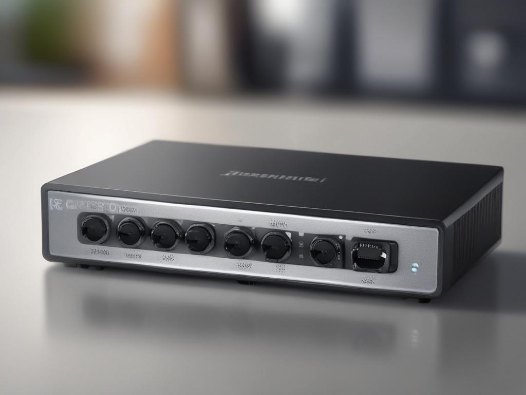 A hyper-realistic close-up shot of the TL-SG1008D 8-Port Gigabit Switch, showcasing its sleek design and robust metal casing. The background should be simple and clean, emphasizing the product's modern features. The image should focus on the switch with detailed textures visible, shot with a 45mm f/1.2 lens to create a soft bokeh effect, reflecting a professional and high-quality appearance. The primary color in the image should align with rgb(2, 86, 197).