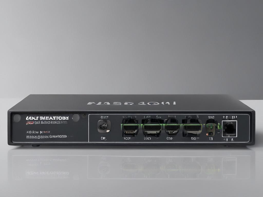 A hyper-realistic close-up image of the TL-SG1016D 16-Port Gigabit Ethernet switch, showcasing its sleek design and multiple Ethernet ports. The background is softly blurred to emphasize the product, with a focus on the texture and details of the switch. The product is centered in the image, shot with a 45mm f/1.2 lens style, and compatible with the primary color rgb(2, 86, 197).