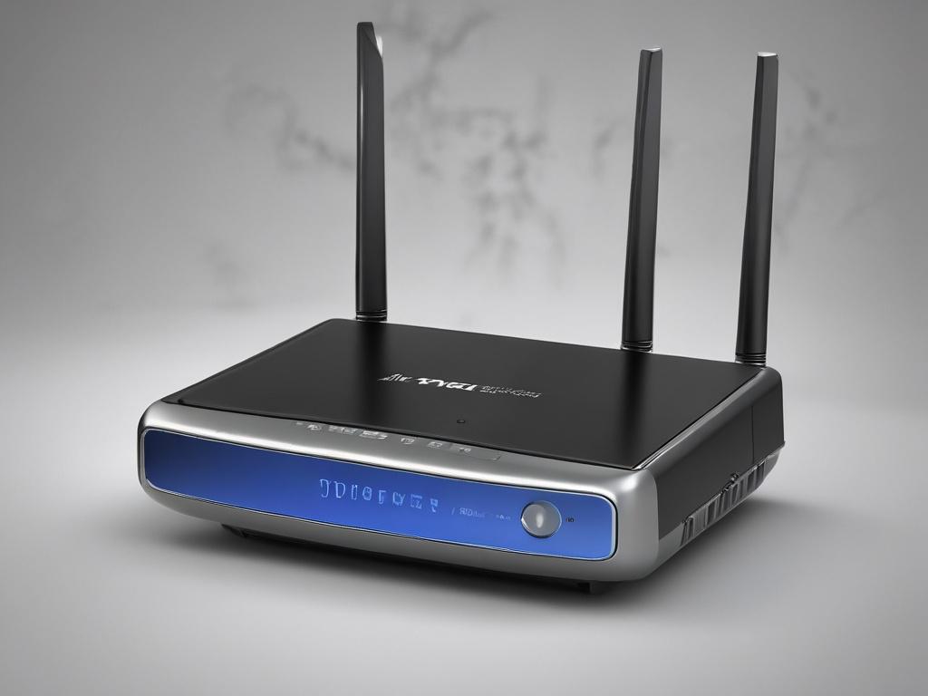 A hyper-realistic close-up shot of the TD-W9970 ADSL2+ modem router, featuring a sleek design with a modern finish. The router is displayed against a simple white background to emphasize its features. The image should be captured using a 45mm f/1.2 lens to create a sharp focus on the product, highlighting its ports and buttons. The primary color of the image should be compatible with rgb(2, 86, 197).