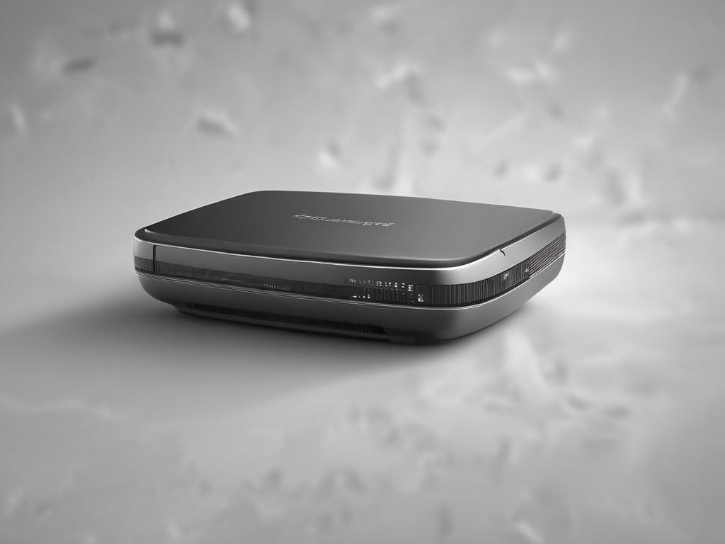 A hyper-realistic close-up shot of the TD-W9960 DSL modem, showcasing its sleek design and modern features. The modem should be centered in the frame with a blurred background that highlights its aesthetic. The lighting should be soft, emphasizing the details of the modem's surface. Use an RGB color palette that prominently includes rgb(2, 86, 197) for accents and reflections.
