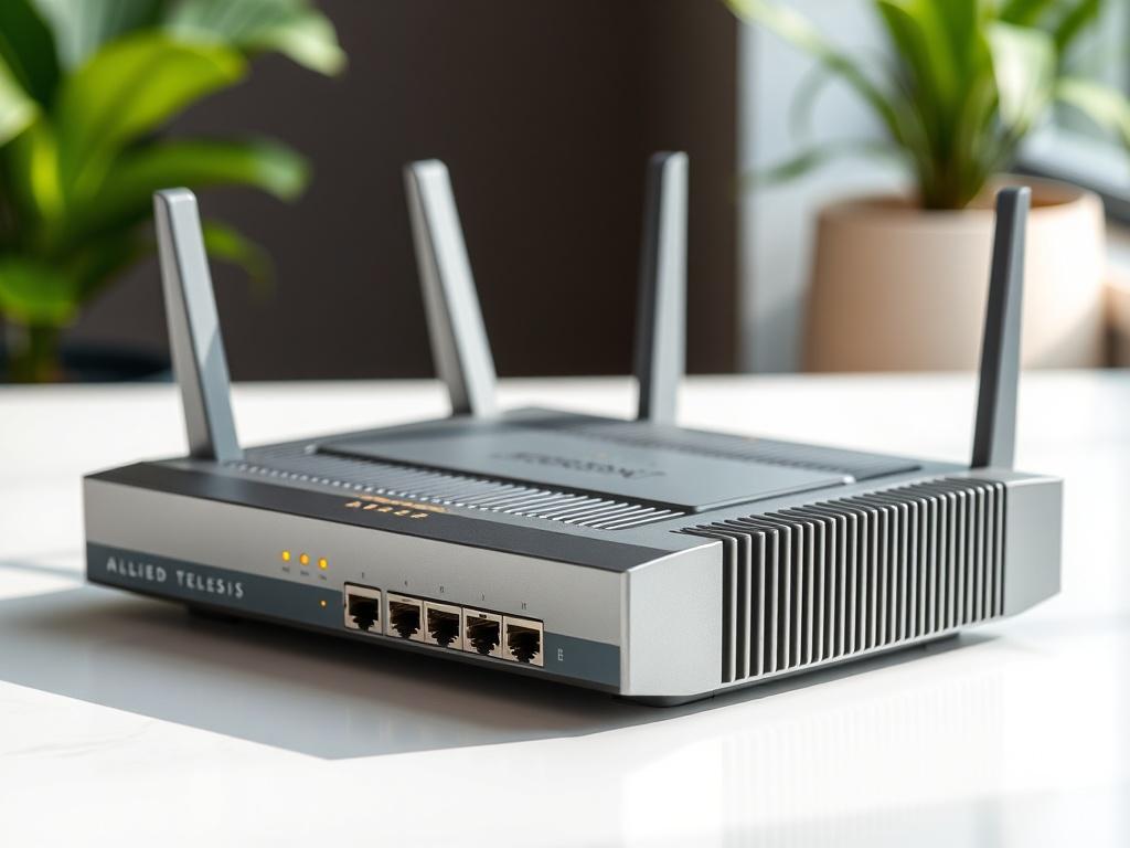 A hyper-realistic close-up shot of the Allied Telesis AR3050S Secure Router, showcasing its sleek design and modern features. The router should be placed on a clean, minimalistic surface with a soft-focus background. The image should highlight the router's ports and indicators, emphasizing its advanced technology. Use natural lighting to enhance the details, and ensure the colors align with the primary color rgb(69, 10, 186). Shot with a 45mm f/1.2 lens for a professional look.
