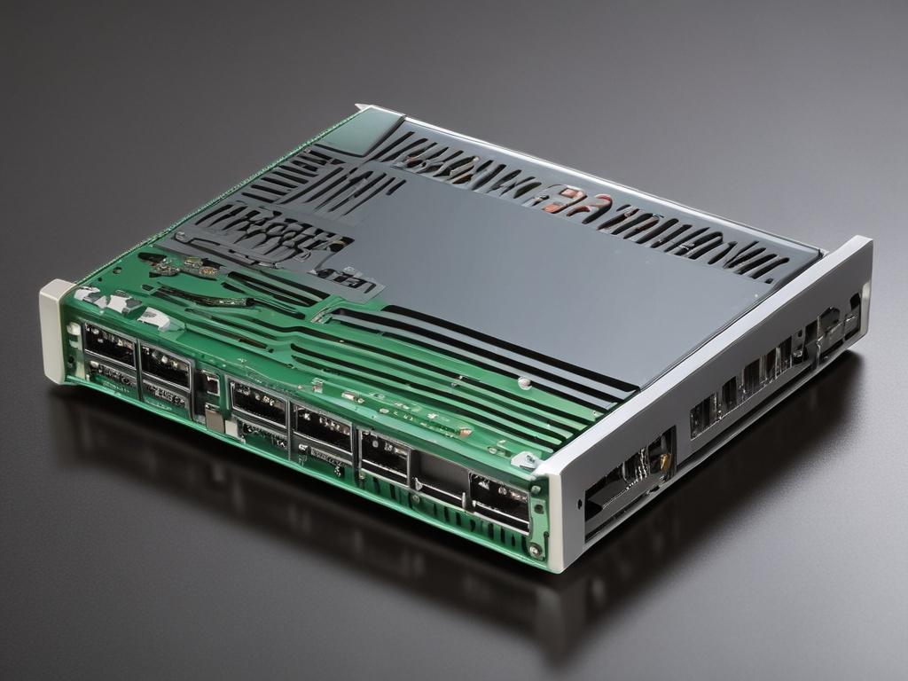 A close-up shot of the MikroTik RouterBOARD RB4011 on a clean surface, highlighting its sleek design and multiple ports. The background should be softly blurred, emphasizing the router's details, such as the LED indicators and ports. The image should be rendered in high resolution, showcasing the product in a professional and appealing manner.
