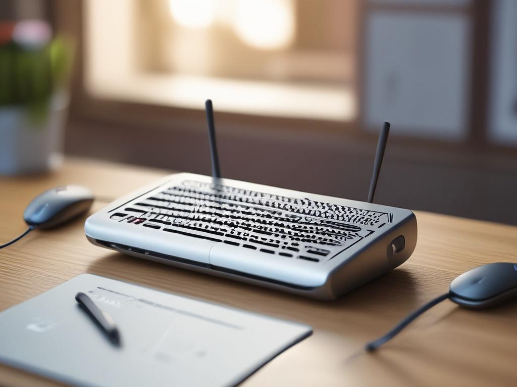 A high-resolution close-up shot of the MikroTik hAP ac Lite placed on a stylish desk. The photo should focus on the device's compact design and the antenna. The background should be softly blurred to highlight the product, creating an inviting and modern atmosphere.