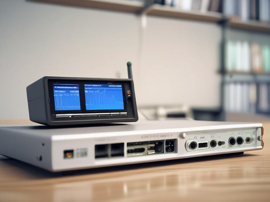 A close-up high-resolution image of the MikroTik CRS328-24P-4S+RM switch on a professional workspace. The focus should be on the multiple ports and the sleek design, with a softly blurred background that enhances the product's features.