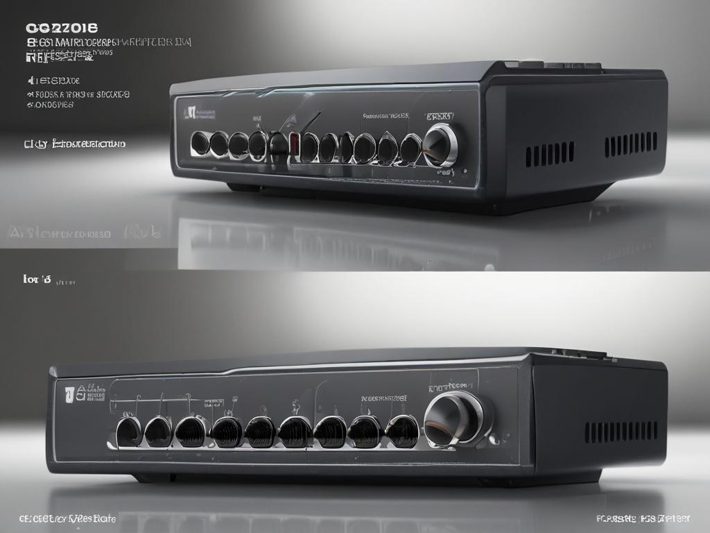 A realistic high-resolution close-up shot of the TL-SG1005d gigabit switch, showcasing its sleek design and ports. The switch should be centered in the image, with a subtle gradient background that complements the primary color rgb(2, 86, 197). Use a 45mm f/1.2 lens style for a sharp focus on the switch's details, with a soft blur around the edges to draw attention to the product.
