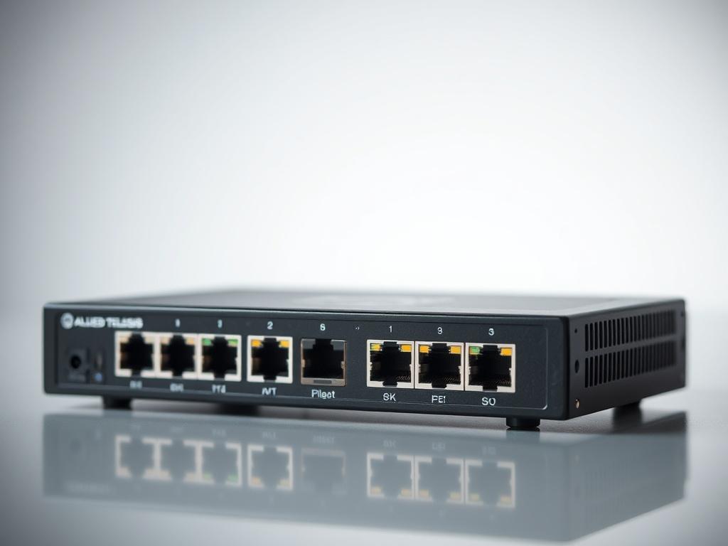 A high-resolution close-up shot of the Allied Telesis IE200 Industrial Switch. The switch is the only subject in the image, showcasing its sleek design and multiple Ethernet ports. The background is minimalistic to emphasize the product, with a soft focus effect. The image should reflect the product's rugged build and be shot with a 45mm f/1.2 lens style, utilizing the primary color rgb(69, 10, 186) subtly in the background.