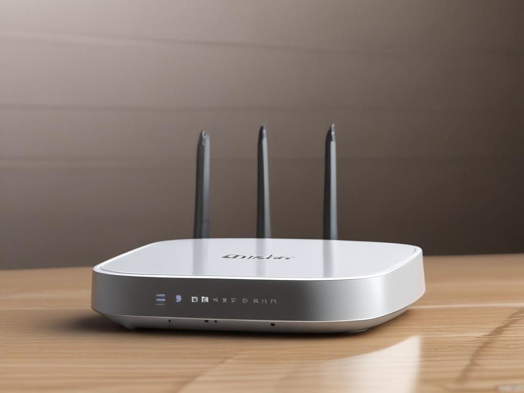 A close-up shot of a sleek D-Link Router, showcasing its modern design and LED indicators. The background should be softly blurred to emphasize the router, with a subtle hint of a home or office environment, shot with a 45mm f/1.2 lens.