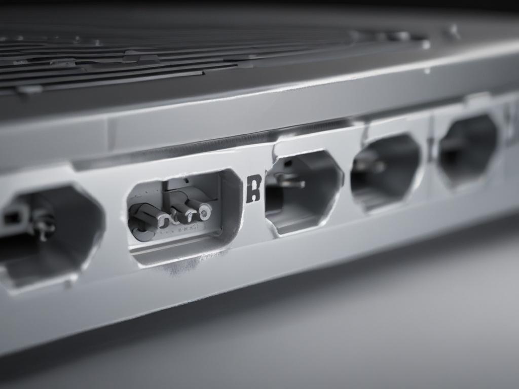A clear, detailed close-up of a D-Link Switch, highlighting its ports and robust build. The background should be minimalistic, with a hint of network cables, captured with a 45mm f/1.2 lens to focus on the switch.