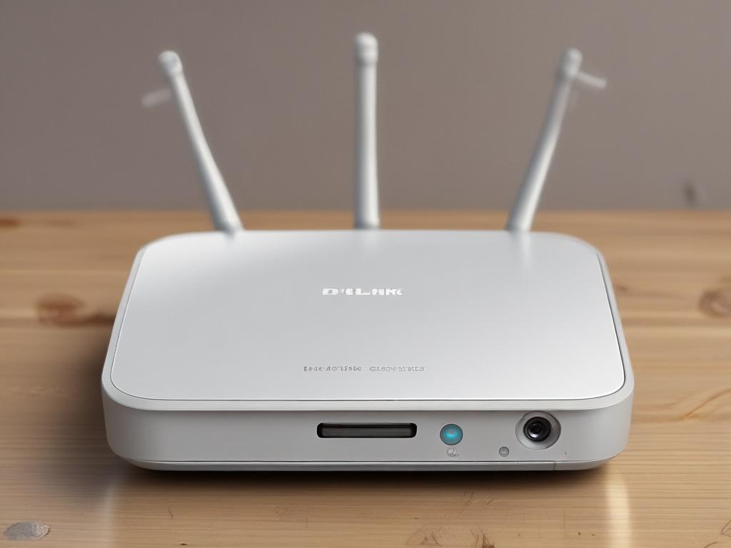 A hyper-realistic close-up of a D-Link Access Point, showcasing its sleek design and antenna. The background should be simple and neutral, focusing on the access point, captured with a 45mm f/1.2 lens.