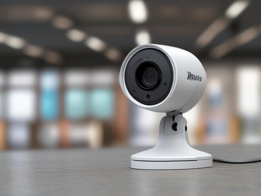 A realistic high-resolution photo showcasing a Dahua surveillance camera in a close-up shot. The camera should be prominently displayed against a simple, blurred background that emphasizes its sleek design. The image should be rendered in hyper-realistic detail, capturing the camera's features and texture, shot with a 45mm f/1.2 lens style, ensuring a sharp focus on the camera.