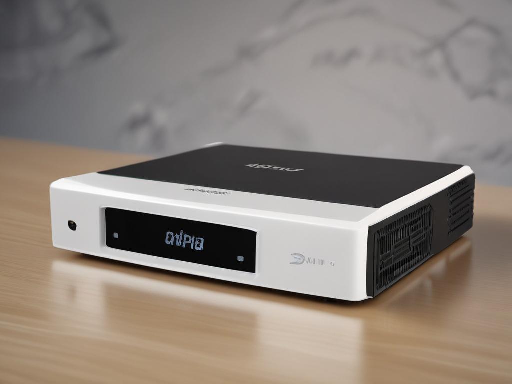 A detailed and realistic close-up image of a Dahua NVR device, showcasing its sleek design and connectivity ports. The background should be softly blurred to keep the focus on the NVR, displaying its features clearly. The rendering should be in high-resolution, captured with a 45mm f/1.2 lens style, emphasizing the quality and technology of the product.