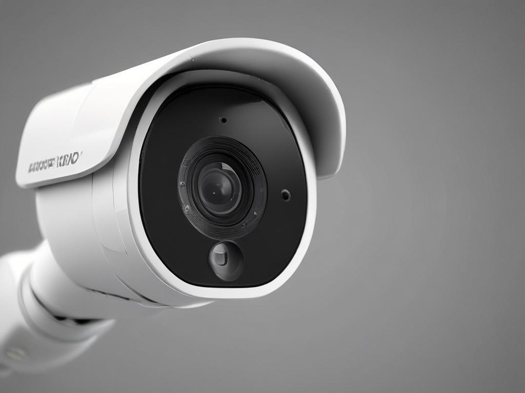 A hyper-realistic close-up of a Hikvision security camera, highlighting its modern design and features. The shot should focus solely on the camera, with a blurred background that complements its sleek aesthetics. The image should be high-resolution, showcasing the intricate details of the camera, captured using a 45mm f/1.2 lens for a professional look.
