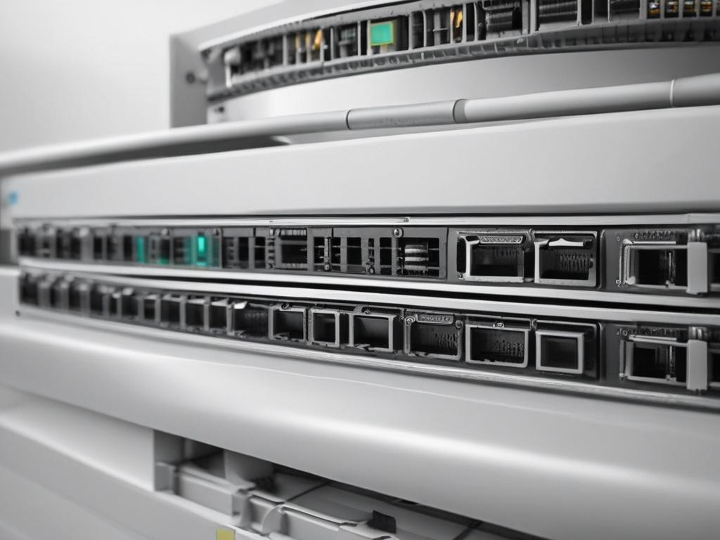 A hyper-realistic close-up shot of HPE Aruba wireless network equipment and switches. The equipment is displayed prominently against a clean, minimalistic white background, showcasing its sleek design and advanced features. The focus is sharp, capturing intricate details of the hardware. The lighting is bright and even, highlighting the RGB color scheme of the product. The image should evoke a sense of innovation and reliability, perfect for a technology-focused audience.