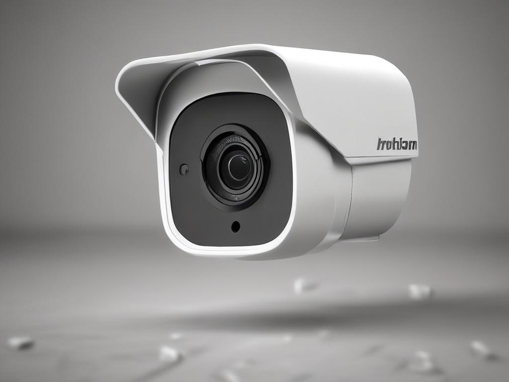A hyper-realistic close-up shot of the Hikvision DS-2CD1043G0-I IP camera, showcasing its sleek design and features. The camera should be the only subject in the image, set against a simple background that emphasizes its modern technology. Ensure the camera is depicted in high resolution with a focus on its lens and body details, captured with a 45mm f/1.2 lens style, and utilize the primary color rgb(2, 86, 197) for highlights.