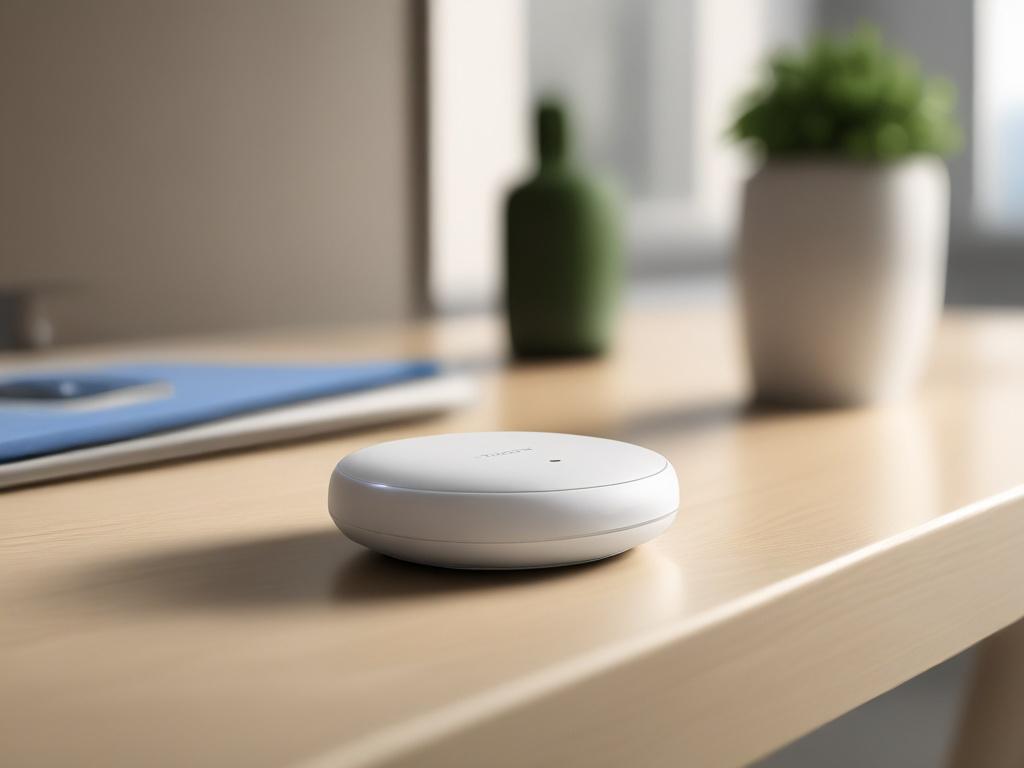 A hyper-realistic close-up shot of a sleek wireless access point, showcasing its modern design and features. The background is simple and neutral, emphasizing the product's details. The image captures the device's texture and finish, shot with a 45mm f/1.2 lens for depth and clarity.