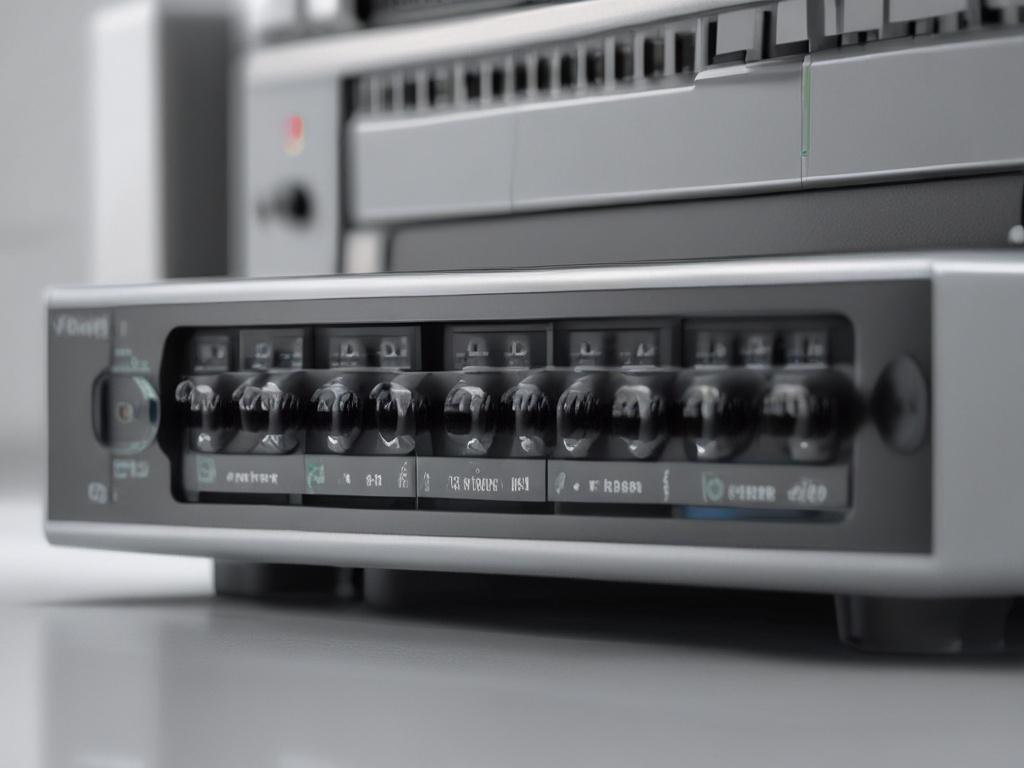 A stunning close-up image of a modern network switch, highlighting its ports and design. The background is minimalistic, focusing on the product's intricate details and build quality. Captured with a 45mm f/1.2 lens to enhance the visual depth and clarity.