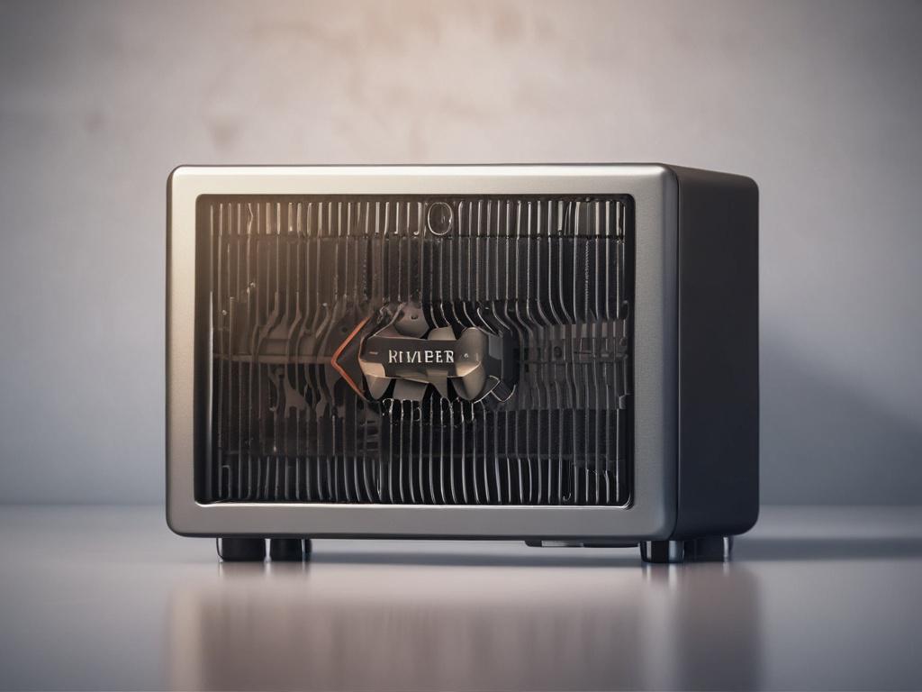 A hyper-realistic close-up shot of a sophisticated firewall appliance, showcasing its ports and design elements. The background is clean and unobtrusive, allowing the product's features to stand out. Shot with a 45mm f/1.2 lens for high detail and focus.