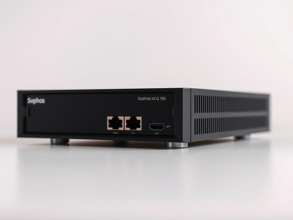 A realistic high-resolution close-up shot of the Sophos XG 115 Firewall. The product is prominently displayed against a simple and clean background. The focus is sharp to highlight the device's features, showcasing its sleek design and ports. The overall color scheme should resonate with the primary color rgb(69, 10, 186). The composition captures the essence of a modern cybersecurity solution.