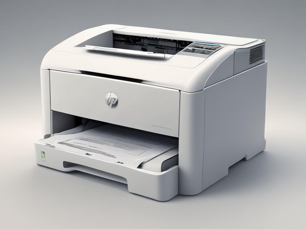 A hyper-realistic close-up shot of the HP LaserJet Pro M404dn printer. The printer should be shown on a clean, modern office desk with a blurred background. The focus should be on the printer, showcasing its sleek design and features, with subtle lighting highlighting its contours. The image should evoke a professional and efficient atmosphere.