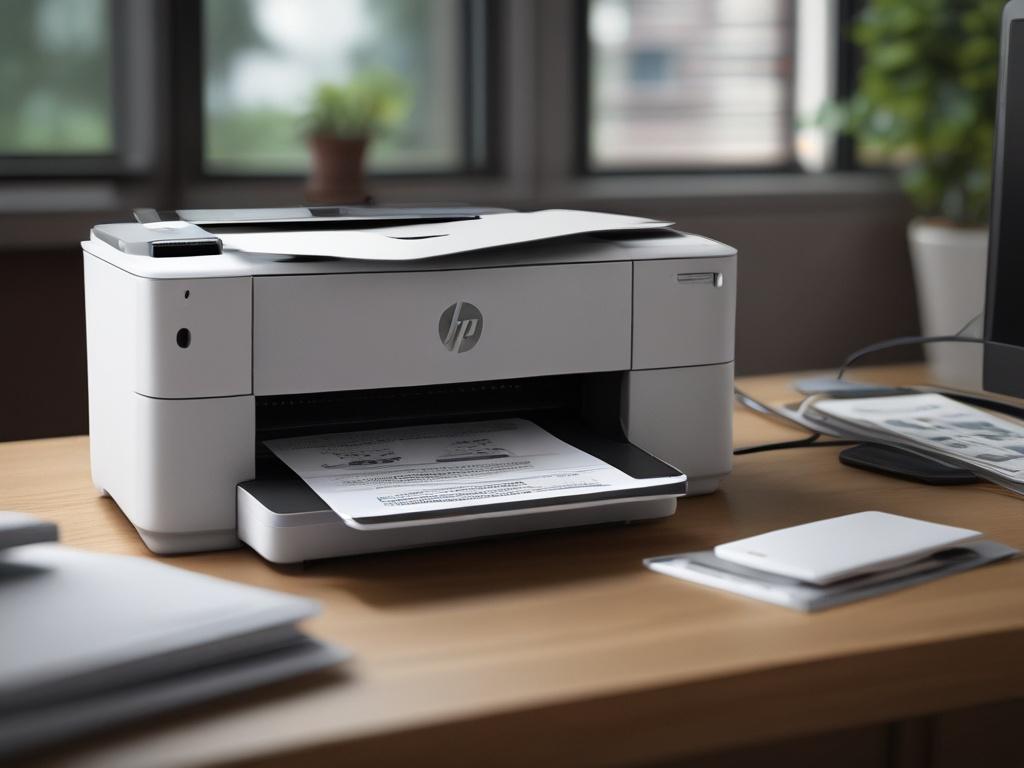 A hyper-realistic close-up shot of the HP PageWide Pro 477dw printer. The printer should be positioned on a sleek office desk, with a blurred background to create a professional ambiance. The focus should be on the printer, showcasing its advanced technology and design. Subtle lighting should enhance the printer's features, conveying speed and efficiency.