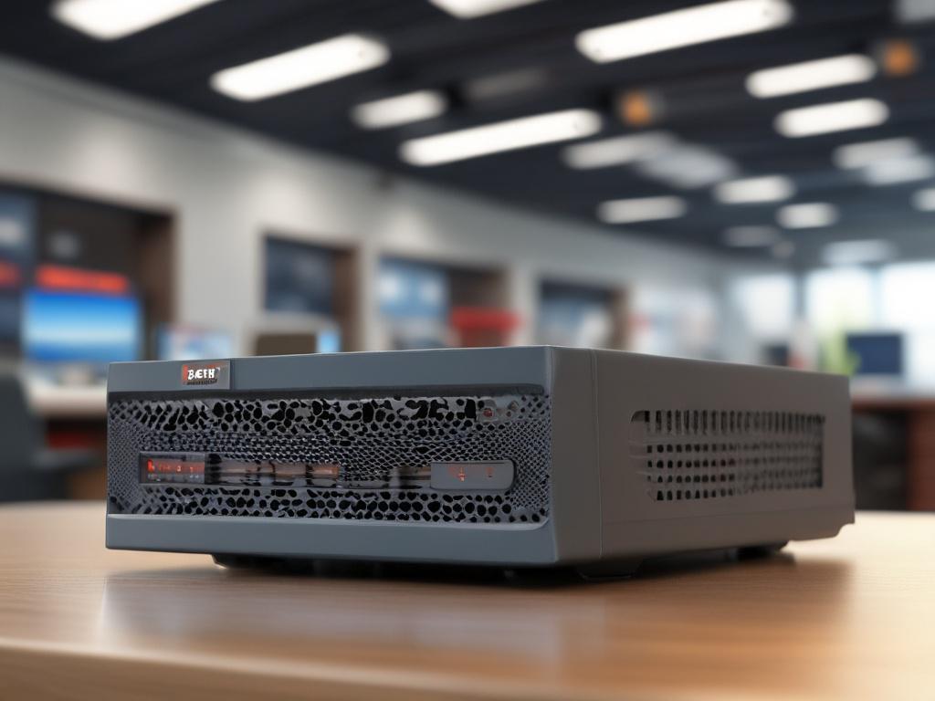 A hyper-realistic close-up shot of a Fortinet firewall device, showcasing its sleek design and advanced technology features. The background should be a simple, blurred office environment to emphasize the product. The lighting should highlight the device's details, creating a professional and high-tech appearance. Use a 45mm f/1.2 lens style for depth of field.