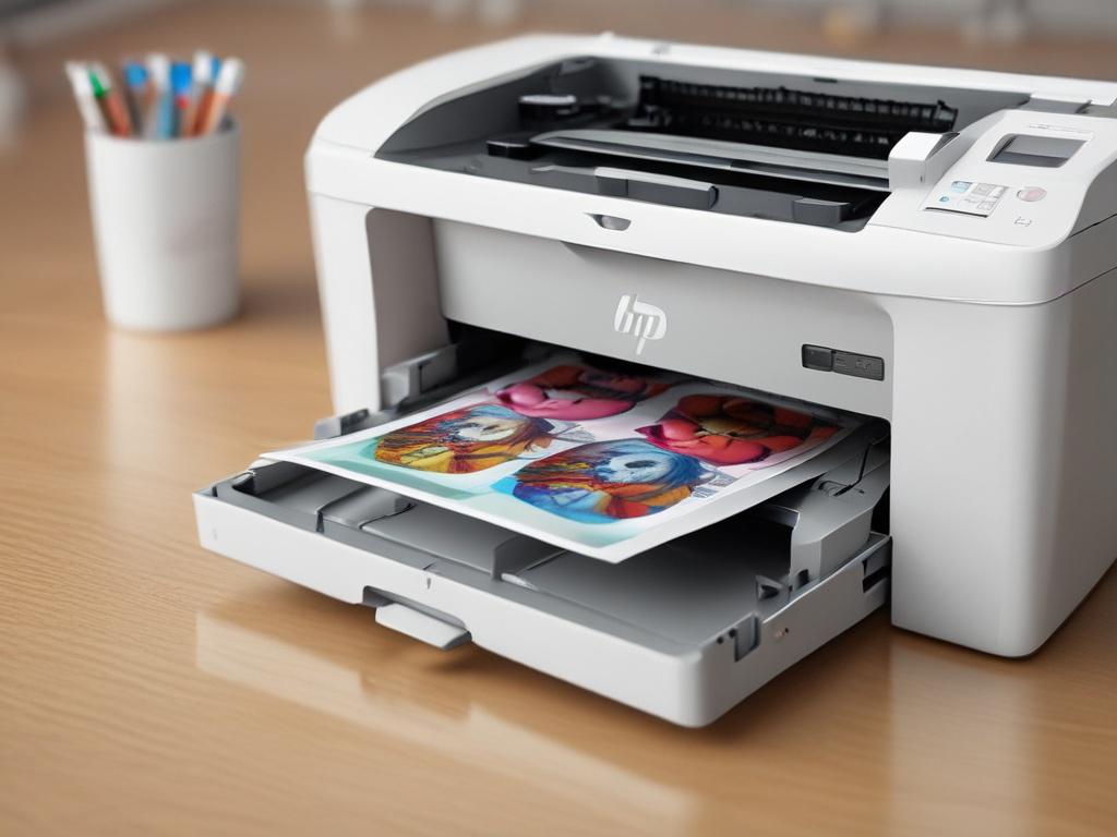 A hyper-realistic close-up shot of the HP Color LaserJet Pro MFP M479fdw printer. The printer should be elegantly placed on a modern office desk, with a blurred background showcasing an organized workspace. The focus should be on the printer, highlighting its advanced features and colorful print outputs. The lighting should create a professional look, enhancing the printer's design.