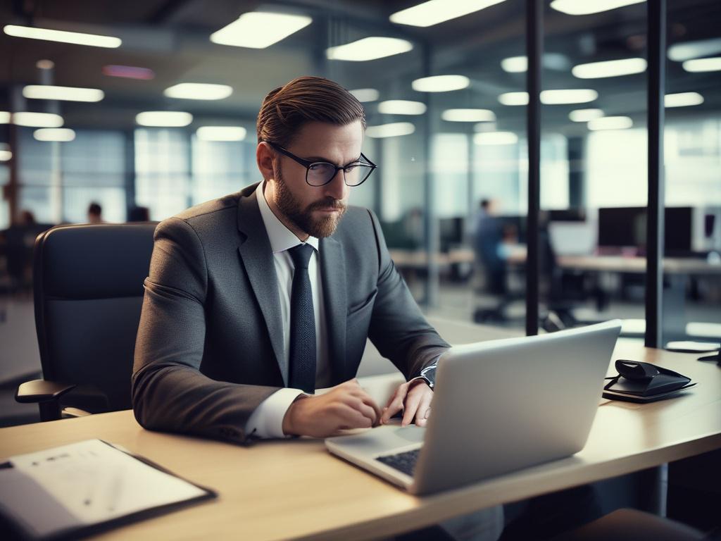 A close-up shot of a professional consultant reviewing network security plans on a laptop. The background is a sleek, modern office environment with soft lighting. The consultant is focused and engaged, showcasing an atmosphere of expertise and professionalism.