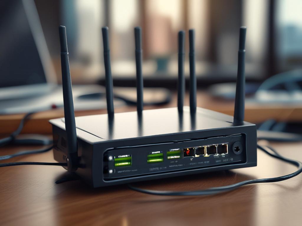 A close-up shot of a high-performance router surrounded by advanced networking equipment in a modern tech workspace. The focus is on the intricate design and features of the router, highlighting its sophistication and capabilities.
