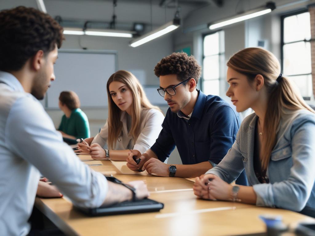 A close-up shot of a trainer instructing a group of students using networking equipment in a classroom setting. The environment is filled with modern technology and engaged learners, emphasizing a dynamic and interactive training experience.