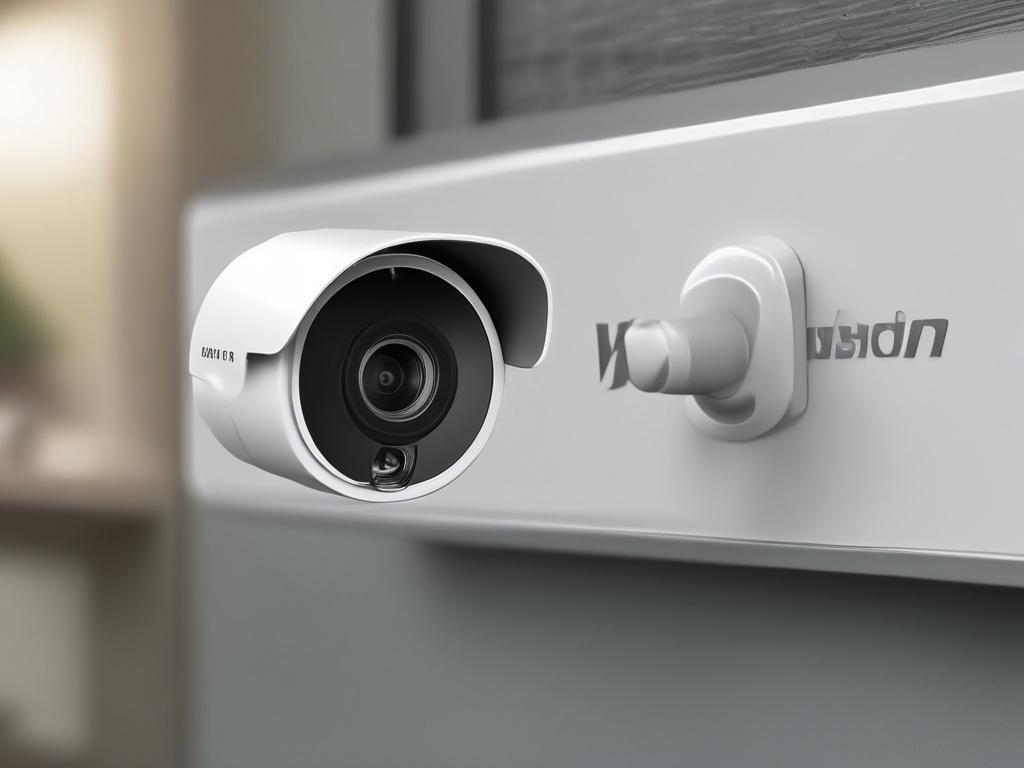 A hyper-realistic close-up shot of the Hikvision DS-2CE16D0T-IT3F security camera, showcasing its sleek design and features. The camera should be positioned against a simple, unobtrusive background that highlights its technical details. The shot should be taken with a 45mm f/1.2 lens, maintaining a sharp focus on the camera while softly blurring the background. The primary color should be rgb(2, 86, 197) to complement the product's design.