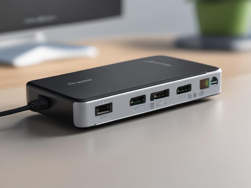 Create a hyper-realistic close-up shot of the D-Link USB Hub DUB-M530 on a clean, minimalist desk background. The hub should be the focal point, showcasing its sleek design and five USB ports. Use a 45mm f/1.2 lens style to emphasize details, with a soft bokeh effect in the background. The primary colors should be compatible with rgb(50, 170, 39), enhancing the product's visual appeal.