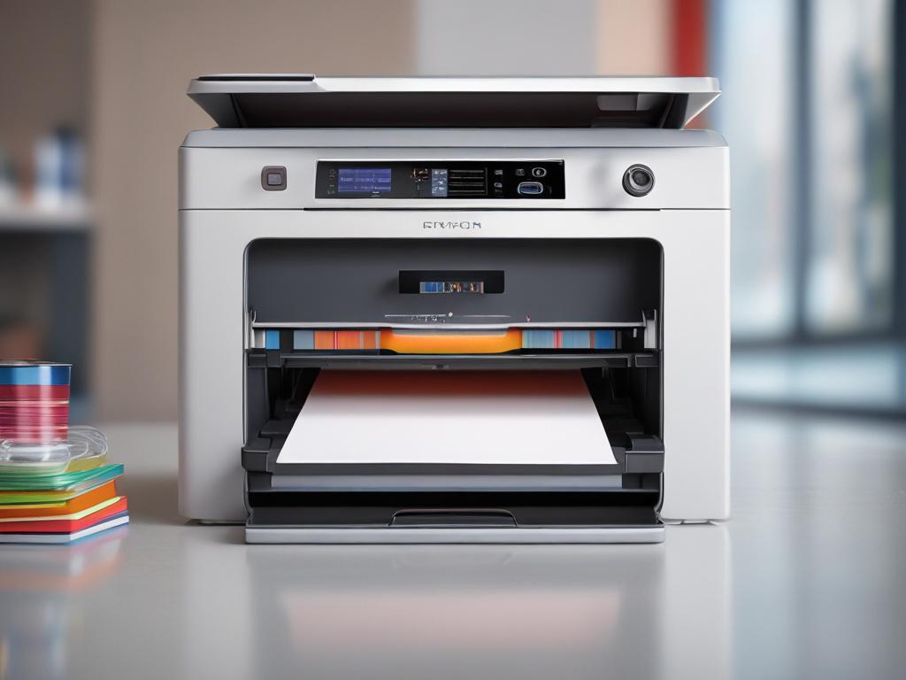 A hyper-realistic close-up of a modern printer with sleek design, showcasing vibrant colors and intricate details. The background is softly blurred to emphasize the printer, with a subtle gradient that complements the rgb(2, 86, 197) color scheme. The shot should be taken using a 45mm f/1.2 lens to create a shallow depth of field that focuses on the printer's features.
