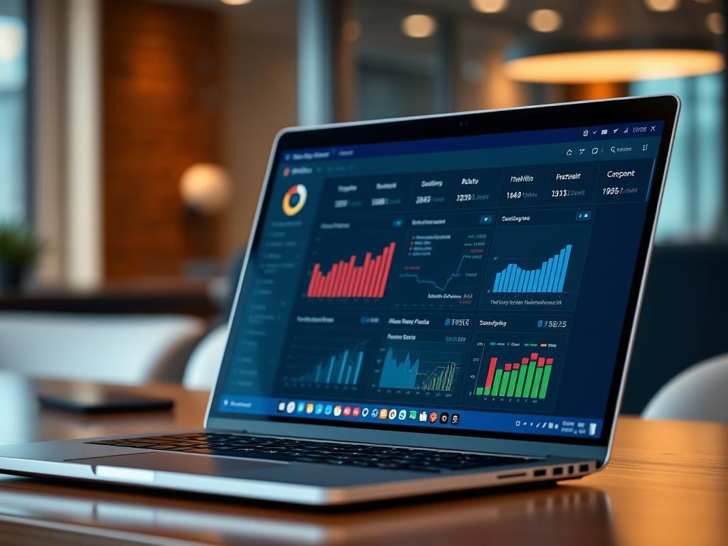 Create a hyper-realistic close-up shot of a modern laptop screen displaying the Sophos Intercept X Endpoint software interface. The screen should showcase detailed security metrics and alerts in a sleek and professional layout, emphasizing the software's advanced features. Use a blurred office background to create a professional environment. The image should be shot with a 45mm f/1.2 lens, ensuring a sharp focus on the laptop while softly blurring the background. The overall color scheme should harmonize wi