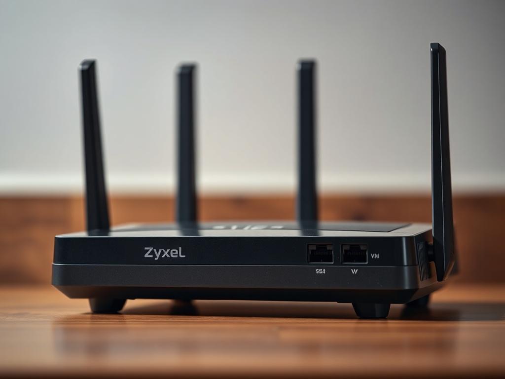 Create a hyper-realistic close-up shot of the Zyxel NBG-418N v2 wireless router. The router should be prominently displayed against a simple, blurred background that enhances its features. The lighting should highlight the sleek design and ports of the router, showcasing its modern aesthetics. Use a 45mm f/1.2 lens effect to create a shallow depth of field that keeps the focus on the router while softly blurring the background. The color palette should incorporate the primary color rgb(69, 10, 186).